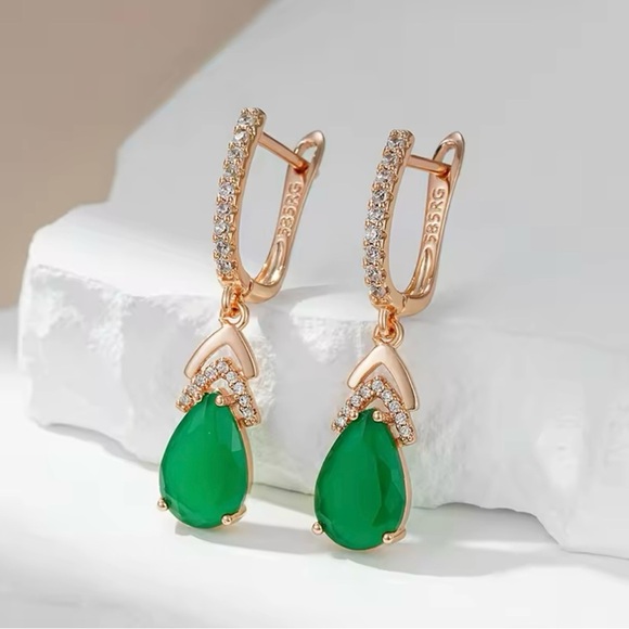 Luxury Elegant Emerald Drop Earrings For Women 585 Rose Gold Color Retro Green - Picture 4 of 6